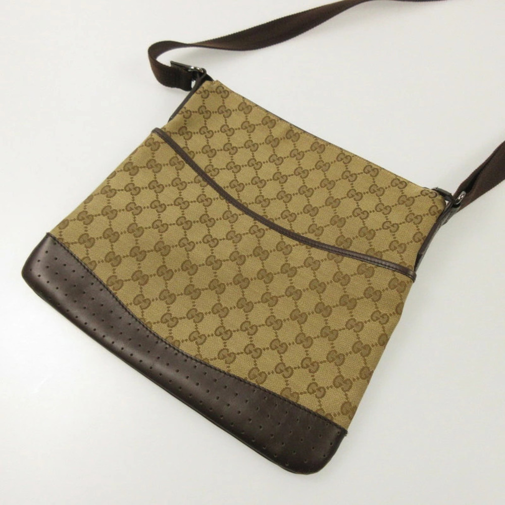 Gucci GG Canvas Messenger Crossbody Bag beige monogram brown leather